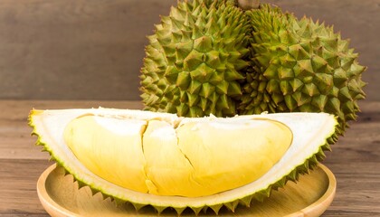 Golden Thorn: A close-up shot of a fresh durian fruit on a wooden plate, the sharp spiky husk encasing the creamy, golden flesh of a culinary delight.
