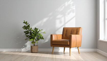 Cozy Leather Armchair with Indoor Plant in Minimalist Sunlit Room