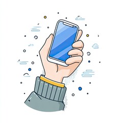 Hand holding a smartphone, stylized illustration.  A hand, outlined in a light gray/blue color, holds a white smartphone with a blue screen. 