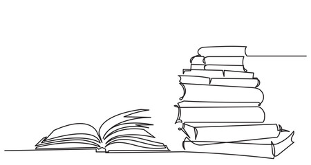Continuous line drawing of an open book and stack of books for knowledge.Line art open book with pages fanning out, wisdom, knowledge, education, literature, and creativity in a clean, library concept