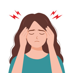 woman having headache, migraine symptoms in flat design on white background.