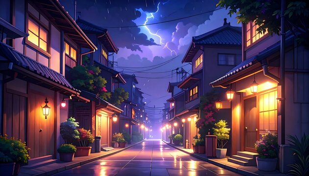 Illuminated street at night with rain and lightning.