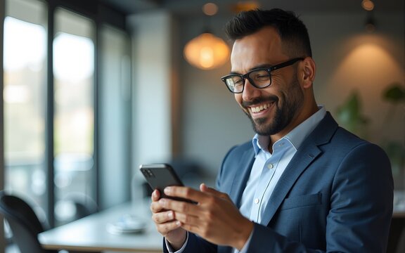 Banner with copy space. Smiling 40s mature Latin or Indian businessman holding smartphone in office. Middle aged manager man using cell phone mobile app. Digital technology application for business.