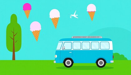 Ice cream van with floating cones, flat design vector illustration.

