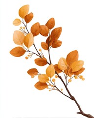 Autumnal branch with warm-toned leaves and berries.  A delicate, stylized branch with various shades of burnt orange and golden yellow leaves, and small berry-like clusters.  