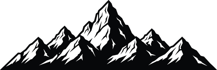 Mountain range silhouette, black and white peaks, rugged alpine landscape, snow-capped summits, vector illustration, outdoor nature clipart