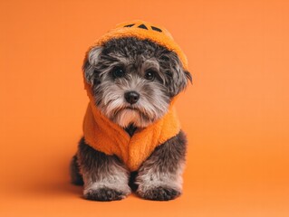 Adorable dog dressed for halloween studio setting pet photography vibrant orange background
