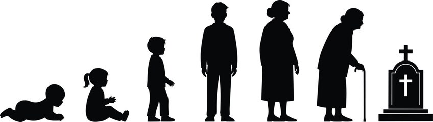 Human life cycle silhouette, birth to death stages, aging concept illustration, timeline of life, philosophical vector icon set