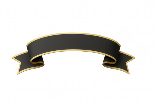 Elegant black ribbon with gold border isolated on transparent background, perfect for adding a touch of sophistication to designs