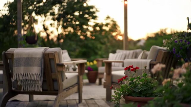 rustic outdoor patio with wooden furniture, string lights, woven blankets, and potted plants