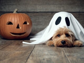 Halloween fun dog in ghost costume with pumpkin indoor setting pet photography festive vibes