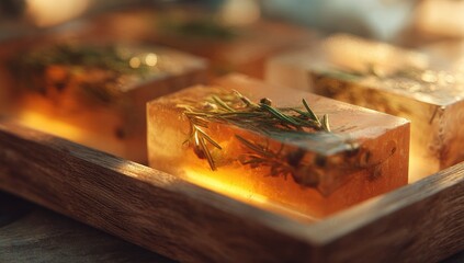 Translucent blocks of soap, infused with herbs,  in a wooden tray, lit by warm light