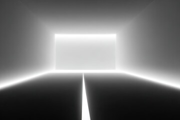 Empty white-lit tunnel, square opening