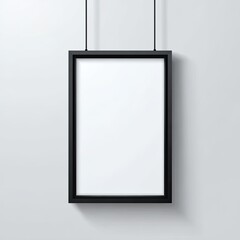 Black framed, blank canvas hanging on a wall