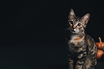 Playful tabby cat posing in studio environment captured in close-up with seasonal decorations