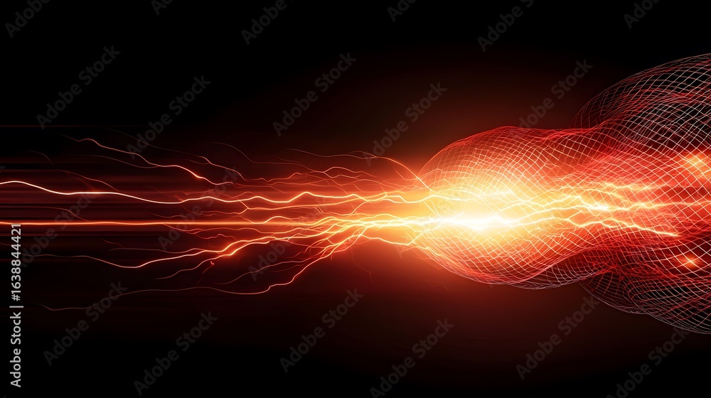 Poster the image showcases a mesmerizing display of stylized, glowing red energy streaks that converge towa