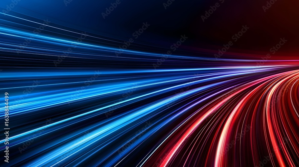 Poster the image portrays an abstract and dynamic scene with streaks of vibrant blue and red light, evoking