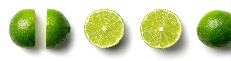 Lime halves and whole limes on white background