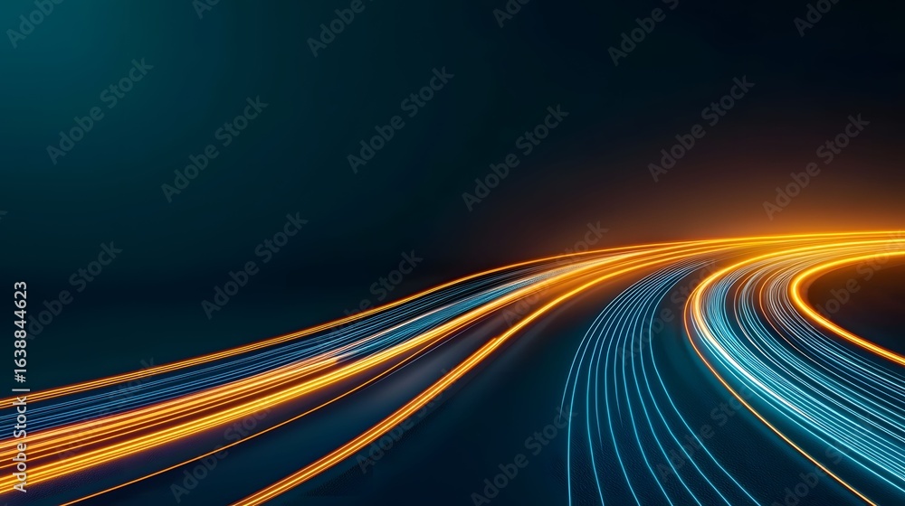 Poster the image showcases vibrant orange and blue light trails curving and intertwining against a dark blu