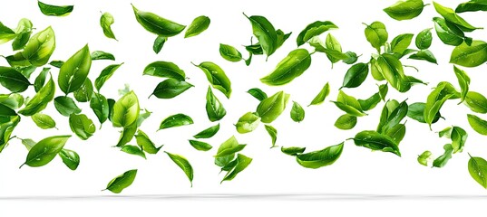 Fresh green leaves floating in the air against a white background