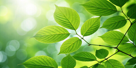 A close-up shot of sunlight filtering through vibrant lush green leaves, bathed in soft, diffused sunlight creating a bokeh effect in a lush forest environment with a sense of natural growth.