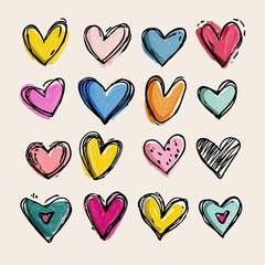 Set of 16 colorful hand-drawn hearts, varied styles.  Each heart is outlined in black with vibrant, imperfect fills of different colors, including pinks, blues, yellows, reds, greens, and purples.  