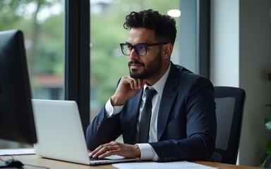 Busy latin male executive businessman looking on computer thinking, working on finance data sitting at desk in office. Mature indian business man in eyeglasses, suit using pc laptop for trading work