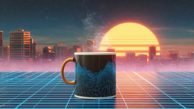 Steaming mug with geometric mountain design sits on a glowing grid, city skyline and sunset backdrop. Retro futuristic aesthetic.