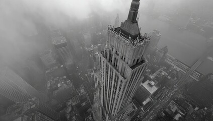 High-angle, black and white cityscape view of a prominent skyscraper amidst a foggy urban landscape
