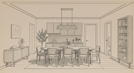 Fototapeta premium Sketch of Modern Dining Room with Integrated Kitchenette and Built-in Bookshelf