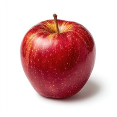 Single, vibrant red apple, slightly yellow-striped, stem visible, against a plain white background