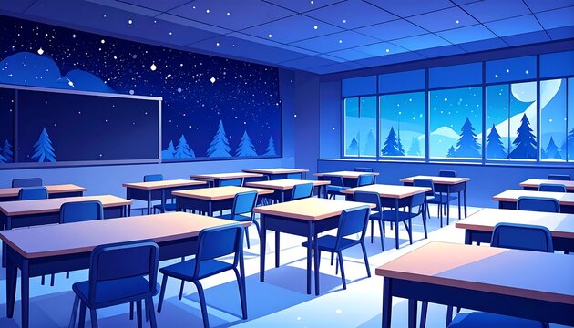 Empty classroom at night with a winter scene outside the window.