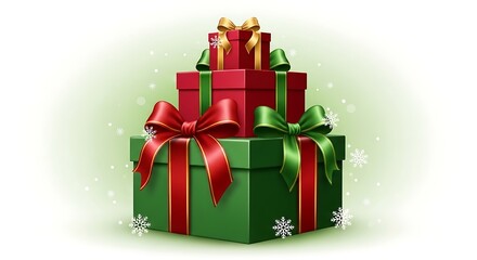Stacked Christmas Presents with Red, Green, and Gold Ribbons on a Festive Background