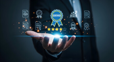 A human hand holds a glowing red system warning sign, a futuristic concept of cybersecurity alerts and digital threats.