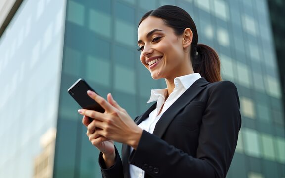 Smiling young middle eastern Israel businesswoman using smartphone mobile phone online app for work at office building. Successful indian or arabic woman in business suit holding cellphone. Copy space