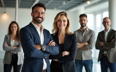 Vertical portrait of smiling mature Latin hispanic business man and European business woman standing arms crossed in office. Diverse colleagues, group team of confident professional business people.