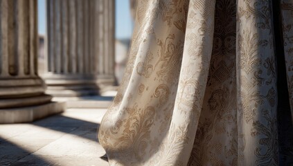Creamy fabric drapes, antique columns