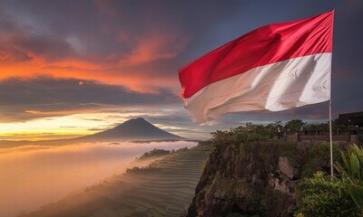 Flag waving over scenic landscape