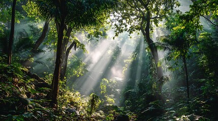 Sunlight Streaming Through Dense Forest Canopy with Green Foliage