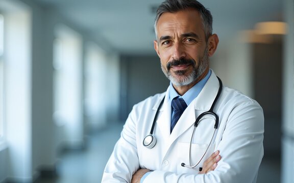 Portrait of male doctor wearing white lab coat, stethoscope standing and looking at camera in clinic hall. Arabian indian therapist, general practitioner headshot. Medicine, heal insurance, healthcare