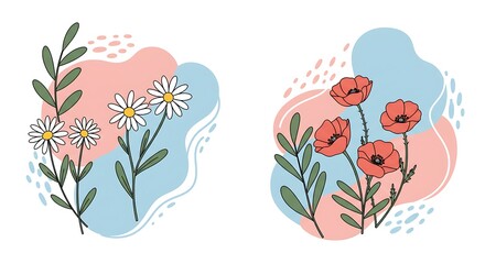 Stylized Floral Illustration Featuring Daisies and Poppies with Abstract Backgrounds