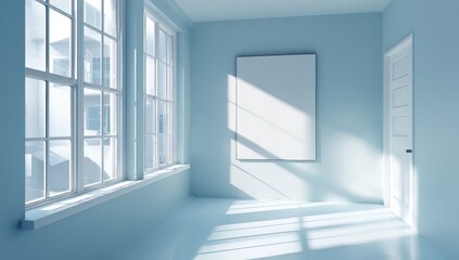 Obraz premium Light-filled, pastel-blue room with large windows