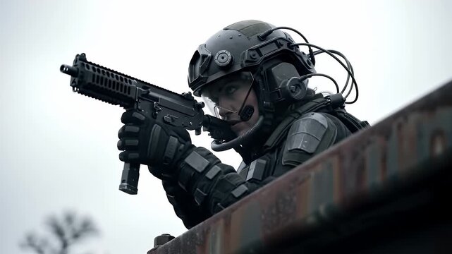 soldier in advanced tactical gear aiming a submachine gun. Concept of future warfare and high-tech security.