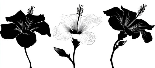 Three black and white hibiscus flower illustrations