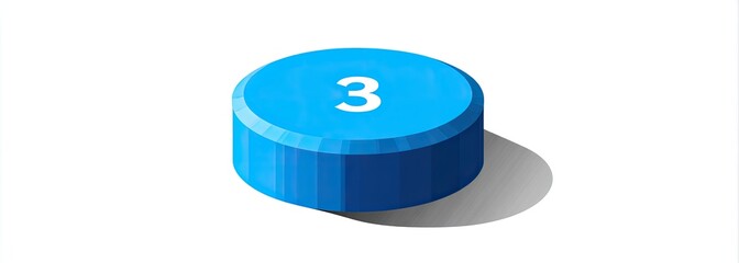 Circular, light-blue button with the number three