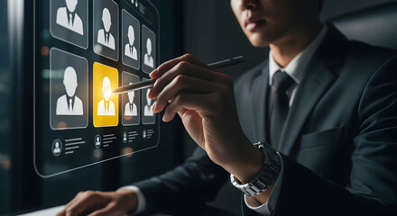 Confident businessman selecting talent profiles on screen for innovative team building process today