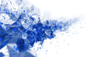 Abstract digital art featuring a cluster of interconnected,  faceted shapes in shades of blue and gray, with a trail of particles extending from the cluster against a white background