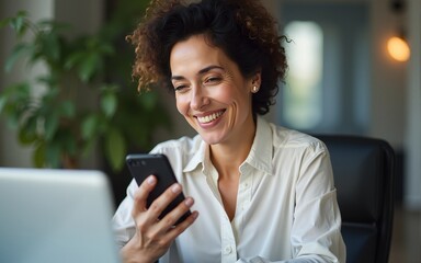Middle aged Hispanic business manager ceo using cell phone mobile app, laptop. Smiling Latin or Indian mature woman businesswoman holding smartphone sit in office working online on gadget, copy space.