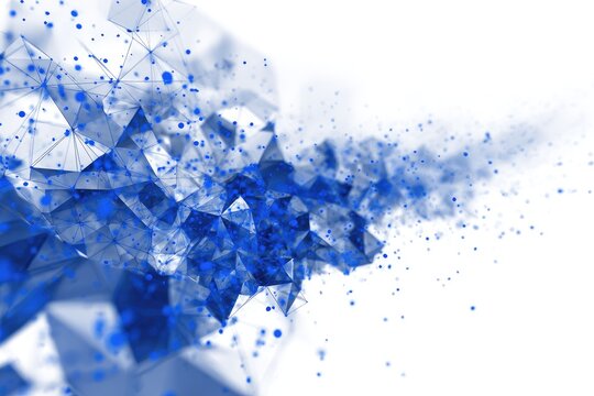 Abstract digital art featuring a cluster of interconnected,  faceted shapes in shades of blue and gray, with a trail of particles extending from the cluster against a white background