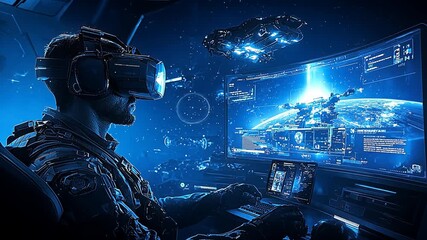 Man with VR headset piloting spacecraft for futuristic simulation advanced technology gaming virtual reality innovation space travel experience digital adventure concept - Powered by Adobe